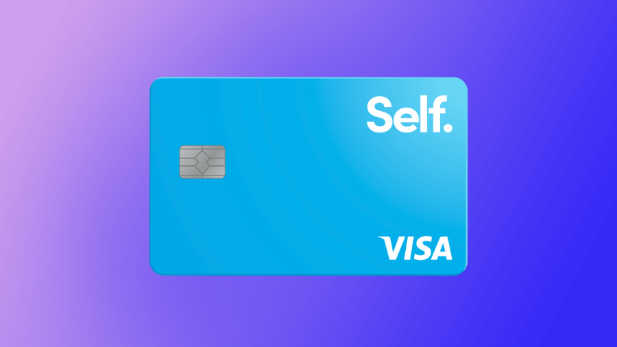 Bright blue Self Visa credit card with a chip, displayed on a purple gradient background.